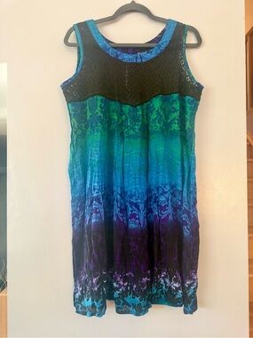 Papa Vancouver Boho Crinkle Rayon Ombre Midi Sundress Lace Panel L